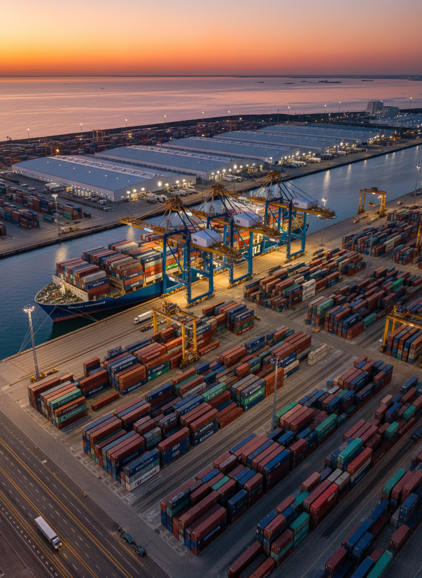 An expansive aerial photographic view of a modern seaport at dusk, emphasizing containerized food imports. Towering gantry cranes carefully unload colorful shipping containers from a large cargo vessel docked alongside a well-lit quay. Cold storage warehouses with bright white roofs line the background, connected by orderly networks of roads and container stacks. Golden hour light mixes with cool artificial floodlights, creating a dramatic contrast between warm sky tones and the crisp industrial geometry below. The mood is robust, secure, and industrious. Captured from a high, slightly angled bird’s-eye perspective with sharp focus, this composition highlights the scale and precision of maritime logistics infrastructure supporting a national supply chain.